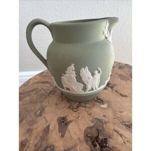 Vintage Wedgwood‎ England Green Jasperware European Scene Embossed Mini Creamer